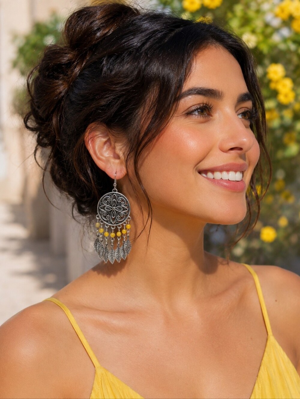 Silver-Tone Filigree Dreamcatcher Earrings with Yellow Beads